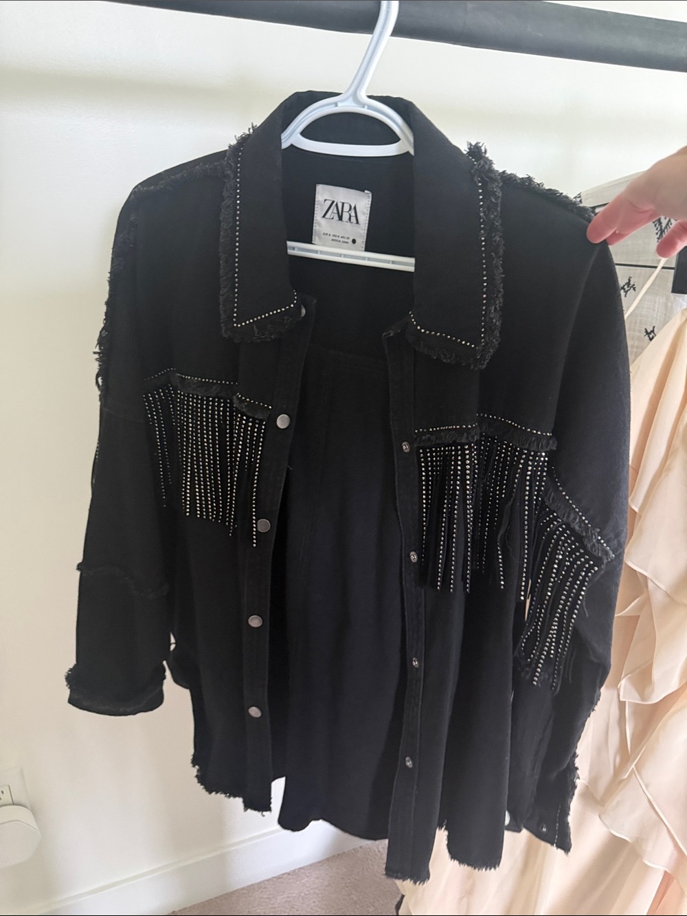 Zara Black Studded Fringe Denim Jacket